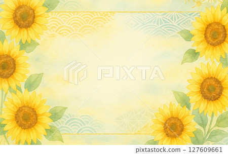 Watercolor sunflower and Japanese pattern background frame | A refreshing design perfect for summer greetings and message cards 127609661