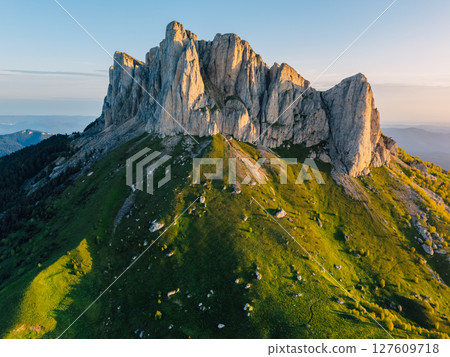 Panorama drone view of Bolshoy Tkhach mount in Caucasus with sunset or sunrise 127609718