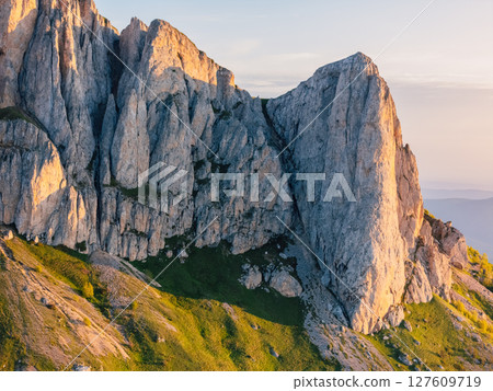 Drone view of Bolshoy Tkhach dolomites mount in Caucasus with sunset or sunrise light 127609719