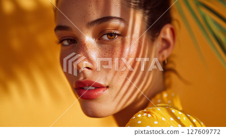 beautiful girl with freckles in a yellow dress with a palm leaf background with hard shadows from the sun 127609772