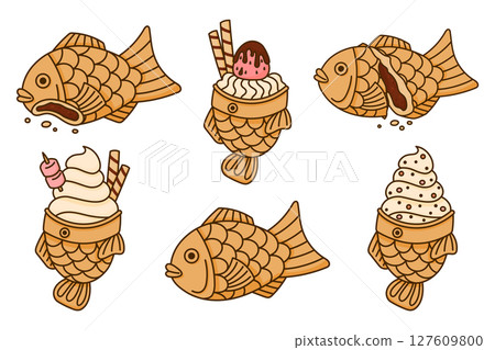 Taiyaki japanese pastry set. Fish shaped cake stuffed with red adzuki bean, ice cream. Japanese street food 127609800