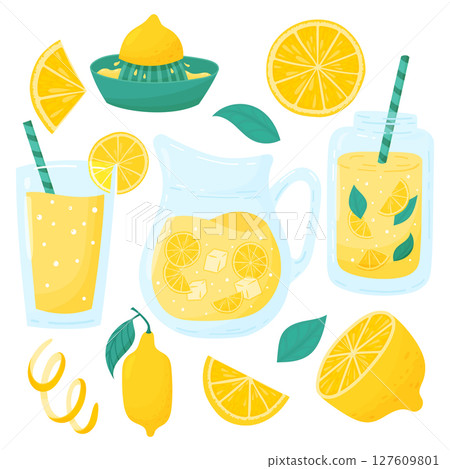 Cartoon lemonade set. Lemonade in jar, mint cocktails, pitcher drinks with straw, lemon slice, juicer 127609801