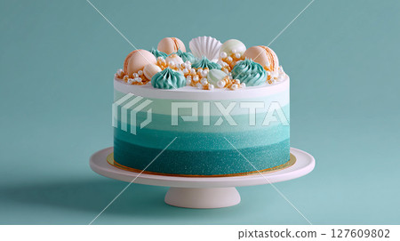 beautiful sweet pastry birthday cake with sea theme with shells in trendy color Transformative Teal 2026 127609802