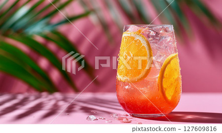 bright tasty citrus alcoholic drink cocktail with fruits on a bright pink background with a palm leaf and hard shadows from the sun 127609816