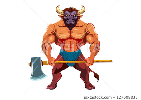 Minotaur with a big axe from greek mythology, angry bull, Minotaur the Mythical Ancient Creature, Fantastic mythological creature, Ancient Greek monster Minotaur, Half man half bull 127609833