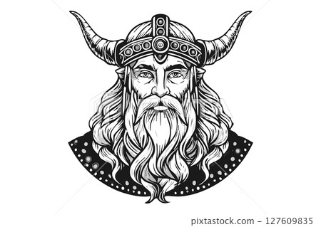 Black and white portrait of God Odin - Norse Mythology Art Antique Style, Odin, Norse God of Wisdom, A majestic illustration of Odin, the chief god in Norse mythology, depicted with his long beard 127609835