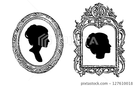 Vintage Silhouette Portraits of Women in Ornate Frames Vintage Silhouette Portraits of Women in Ornate Frames 127610018