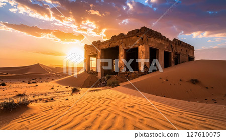 沙漠中的破舊建築與夕陽 / 令人聯想到時間流逝與孤獨的夢幻風景 127610075