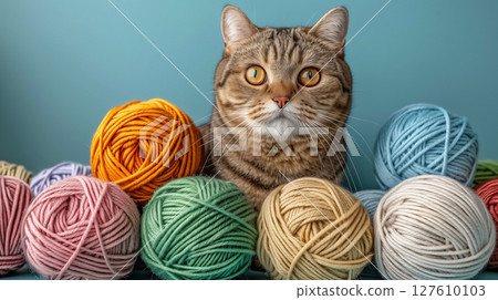 Charming cat surrounded by colorful knitting yarn balls against a blue backdrop 127610103