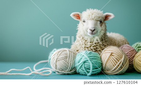 White sheep with knitting yarn balls on a light green backdrop 127610104