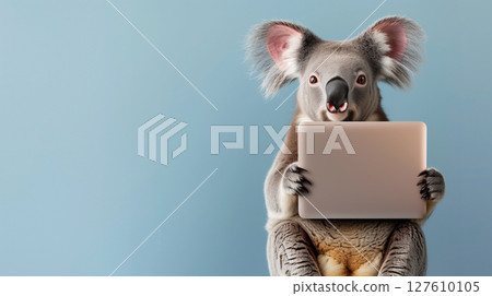 Cute koala holding laptop in the light blue background with copyspace 127610105