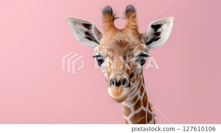 Peeking curious young giraffe portrait over light pink background with empty space 127610106