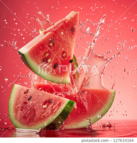 Red watermelon on pink background. Wallpaper with berries . Still life for design. front view Red watermelon on pink background. Wallpaper with berries . Still life for design. front view 127610164