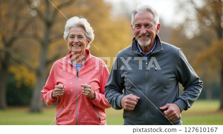 elderly couple jogging in park 127610167