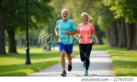elderly couple jogging in park 127610185