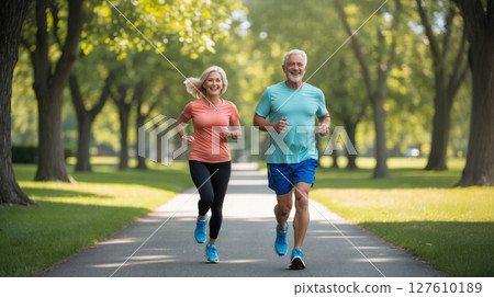 elderly couple jogging in park 127610189