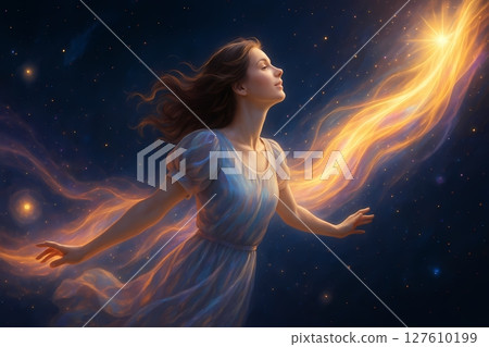 A woman with beautiful hair guided by light - Spiritual/Psychological Illustration A woman with beautiful hair guided by light - Spiritual/Psychological Illustration 127610199