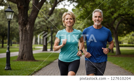 elderly couple jogging in park 127610204