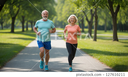 elderly couple jogging in park 127610211
