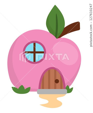 Vector little dwarf house shaped as apple. Tiny gnome home clipart. Fantasy forest or woodland cottage illustration. Magic fairytale dwelling icon isolated on white background 127610247