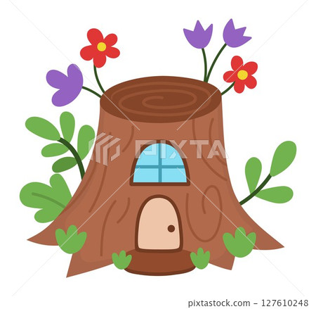 Vector little dwarf house shaped as tree stump. Tiny gnome home clipart. Fantasy forest or woodland cottage illustration. Magic fairytale dwelling icon isolated on white background 127610248