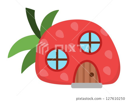 Vector little dwarf house shaped as strawberry. Tiny gnome home clipart. Fantasy forest or woodland cottage illustration. Magic fairytale dwelling icon isolated on white background 127610250