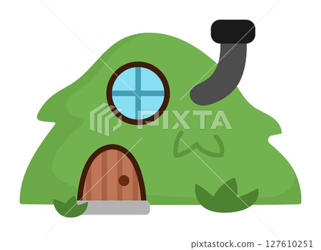 Vector little dwarf house shaped as green hill with chimney. Tiny gnome home clipart. Fantasy forest or woodland cottage illustration. Magic fairytale dwelling icon isolated on white background 127610251