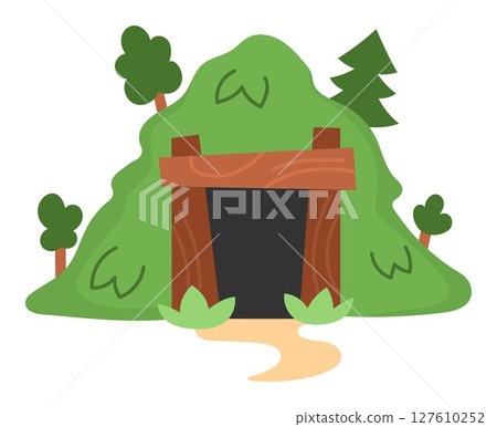 Vector green hill with door. Dwarf mine entrance illustration. Gnome mining cave clipart. Fantasy forest or woodland mountain illustration. Magic fairytale icon isolated on white background 127610252