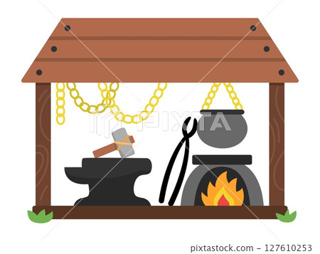 Vector cartoon forge icon. Smithy with cauldron on fire, tools, hammer, sward, chains, anvil. Blacksmith dwarf workshop illustration. Magic fairytale iron worker icon isolated on white background 127610253