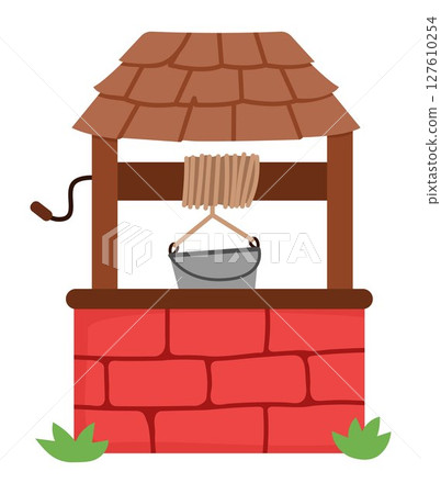 Vector cartoon well with bucket. Fairytale or ancient world red brick water pit icon with tile roof. Medieval shaft illustration isolated on white background Vector cartoon well with bucket. Fairytale or ancient world red brick water pit icon with tile roof. Medieval shaft illustration isolated on white background 127610254