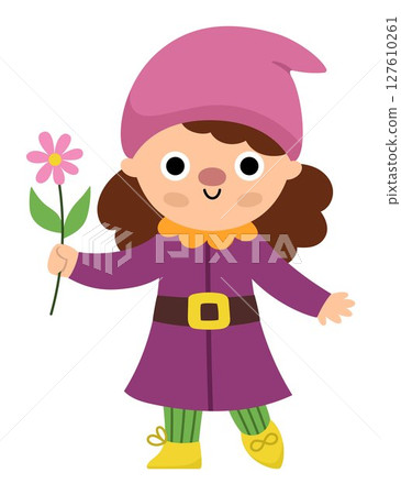 Vector girl dwarf icon. Magic creature clipart. Cute fairytale character. Woodland fantasy female garden gnome going with shovel. Forest fairy tale illustration isolated on white background Vector girl dwarf icon. Magic creature clipart. Cute fairytale character. Woodland fantasy female garden gnome going with shovel. Forest fairy tale illustration isolated on white background 127610261