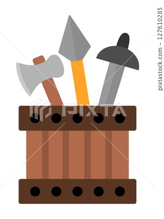 Vector wooden box with sward, hammer, spear. Blacksmith or forger illustration. Fairy tale knight armor or dwarf smith products in wood crate. Cartoon icons with medieval weapon Vector wooden box with sward, hammer, spear. Blacksmith or forger illustration. Fairy tale knight armor or dwarf smith products in wood crate. Cartoon icons with medieval weapon 127610285
