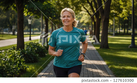 elderly couple jogging in park 127610300