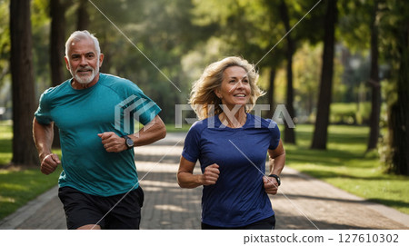 elderly couple jogging in park 127610302