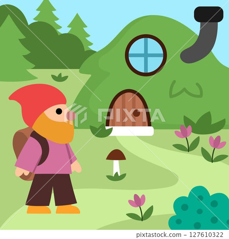 Vector square scene with dwarf with backpack standing near the little hill house. Cute landscape with gnome traveler. Woodland, forest background with magic creature and fantasy cozy home Vector square scene with dwarf with backpack standing near the little hill house. Cute landscape with gnome traveler. Woodland, forest background with magic creature and fantasy cozy home 127610322