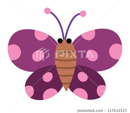 Vector flying pink butterfly icon. Magic creature clipart. Cute fairytale character. Woodland fantasy insect with spread wings. Forest fairy tale illustration isolated on white background Vector flying pink butterfly icon. Magic creature clipart. Cute fairytale character. Woodland fantasy insect with spread wings. Forest fairy tale illustration isolated on white background 127610325