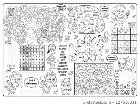 Vector black and white fairyland placemat. Woodland fairy line printable activity mat with maze, wordsearch puzzle, shadow match, find difference. Cute fairytale play mat, coloring page Vector black and white fairyland placemat. Woodland fairy line printable activity mat with maze, wordsearch puzzle, shadow match, find difference. Cute fairytale play mat, coloring page 127610331