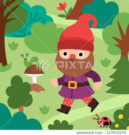 Vector square scene with dwarf going through the forest. Cute gnome country landscape. Woodland, fantasy forest background with magic creature, ladybug, caterpillar Vector square scene with dwarf going through the forest. Cute gnome country landscape. Woodland, fantasy forest background with magic creature, ladybug, caterpillar 127610339