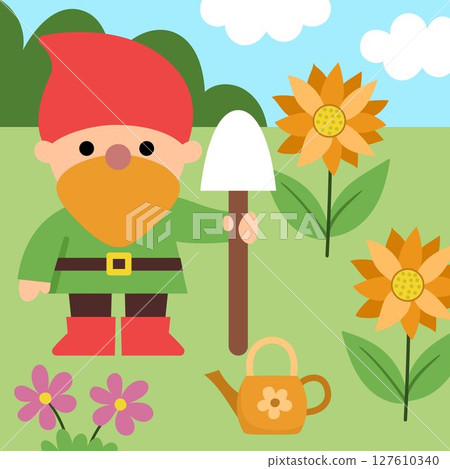 Vector square scene with little garden dwarf with shovel, flower field, sunflowers. Cute landscape with gnome gardener. Woodland, fantasy forest background with magic creature Vector square scene with little garden dwarf with shovel, flower field, sunflowers. Cute landscape with gnome gardener. Woodland, fantasy forest background with magic creature 127610340