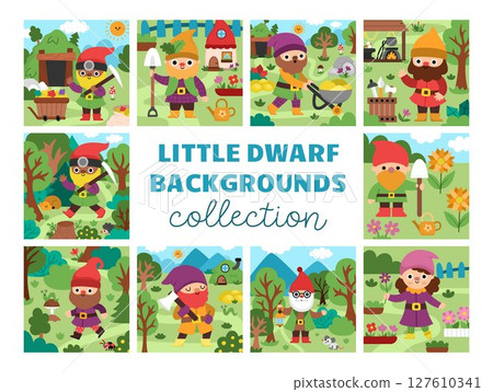 Vector square scenes collection with garden, miner, blacksmith, wise man and girl dwarf. Cute collection of landscapes with gnomes. Woodland, fantasy forest background with magic creatures Vector square scenes collection with garden, miner, blacksmith, wise man and girl dwarf. Cute collection of landscapes with gnomes. Woodland, fantasy forest background with magic creatures 127610341
