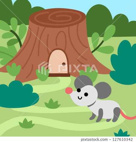 Vector square scene with mouse standing near little dwarf house shaped as tree stump. Woodland landscape with gnome home and animal. Magic forest background with fantasy cozy cottage 127610342