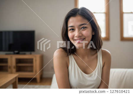 Smiling Young Woman in Cozy Living Room 127610421