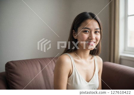 Smiling Young Woman in Cozy Indoor Setting 127610422