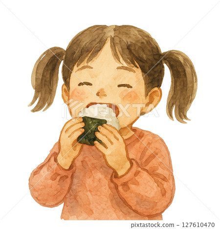 水彩畫：一個女孩正在吃飯團體 | 孩子正在享受用餐 127610470