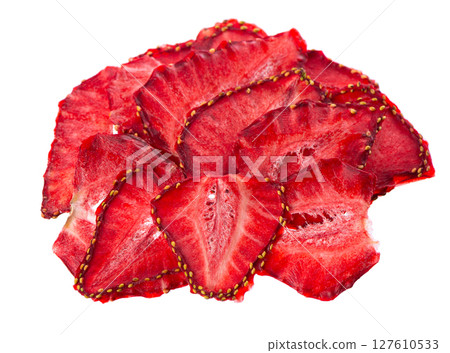 Dried strawberry slices isolated on white background. Dehydrated strawberries chips. Clipping path. Dried strawberry slices isolated on white background. Dehydrated strawberries chips. Clipping path. 127610533