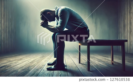 一個男人低著頭，獨自沉思。心理學內容插圖 127610538