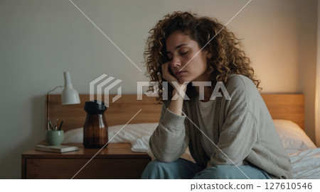 a sad woman sitting on her bed 127610546
