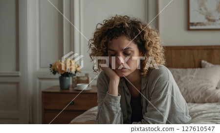 a sad woman sitting on her bed 127610547