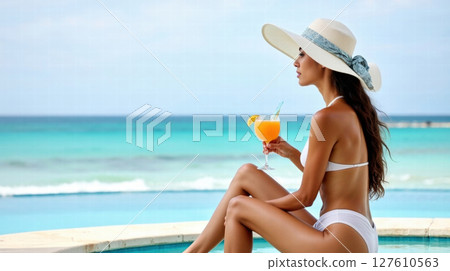 Woman in white bikini sitting by a pool 127610563