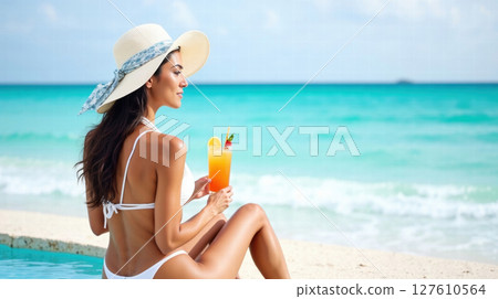 Woman in white bikini sitting by a pool 127610564